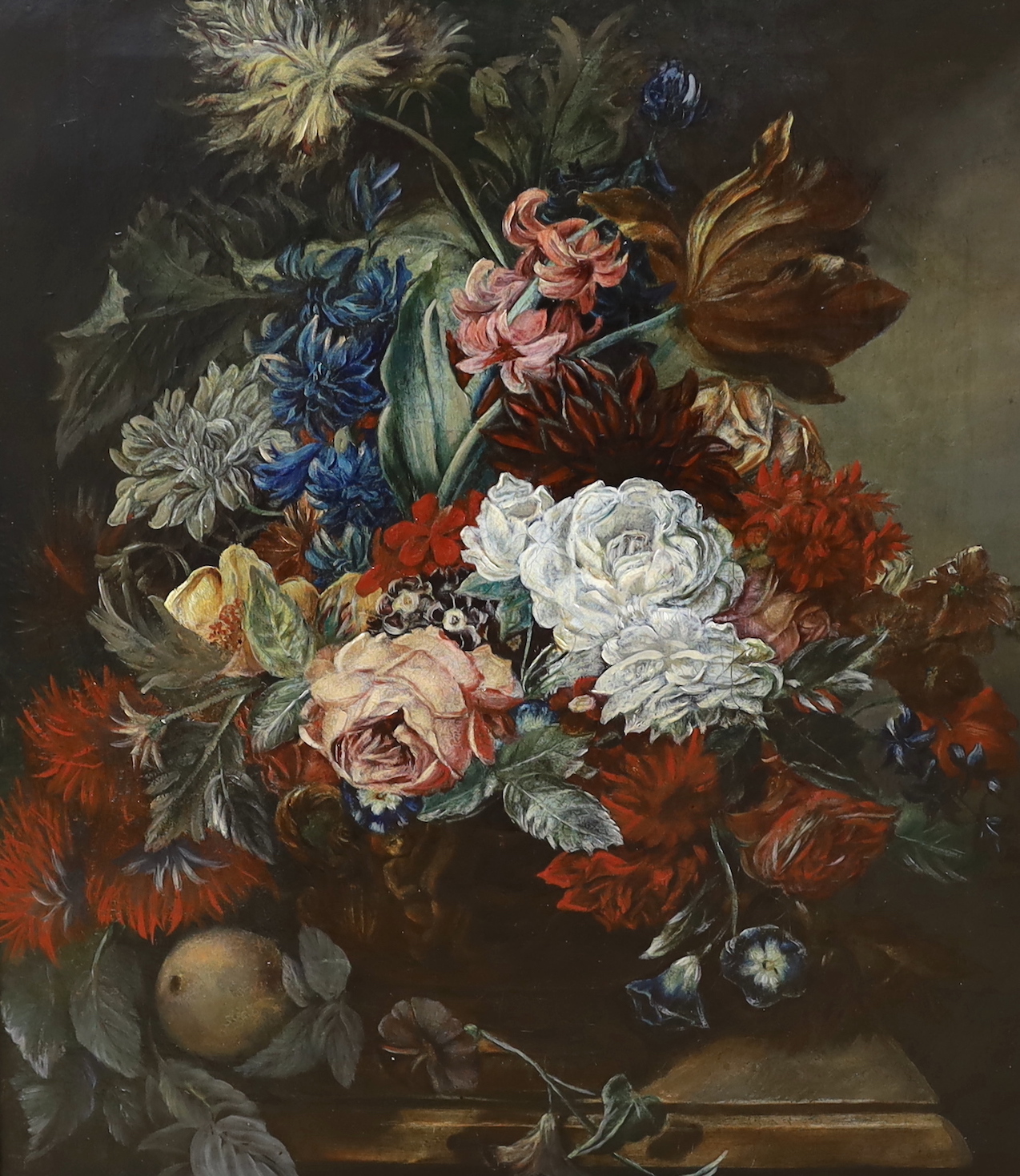 19th century Dutch School, oil on canvas, Still life of flowers, in a vase, upon a ledge, 52 x 45cm